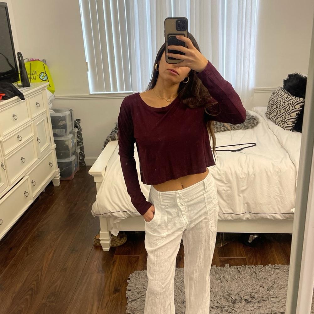 Forever21 Burgundy Cropped Long-Sleeve Tee